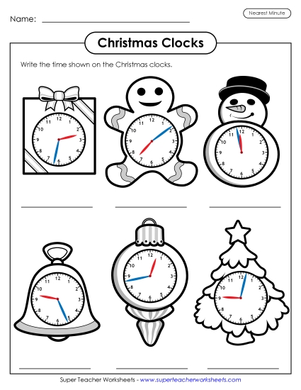 Christmas Clocks Nearest Minute Worksheet