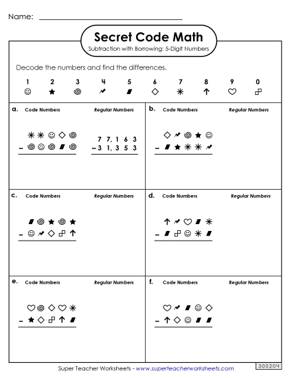 Secret Code Math: <br>5-Digit Subtraction with Borrowing