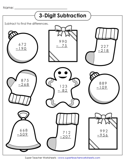 3-Digit Christmas Subtraction Worksheet