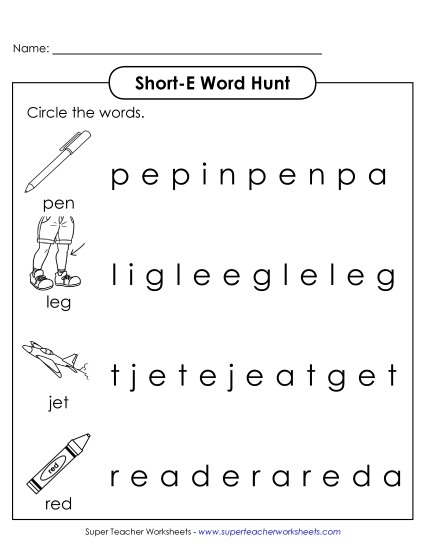 Short E: Horizontal Word Hunt 1 (Illustrated)