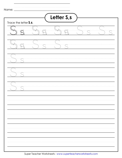 Letter S, s - Tracing (Smaller Font Size) Alphabet Worksheet
