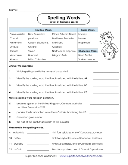 Spelling Question Worksheet (D-Canada Words) 