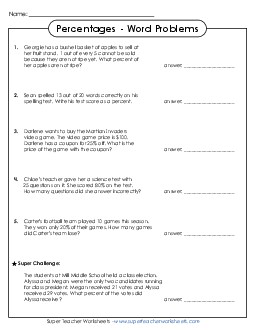 Percentages Word Problems 6th Grade Math Worksheet