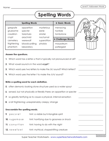 Question Worksheet (Halloween) Spelling F Worksheet