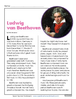 Biography: Ludwig van Beethoven 4th Grade Reading Comprehension ELA Worksheet