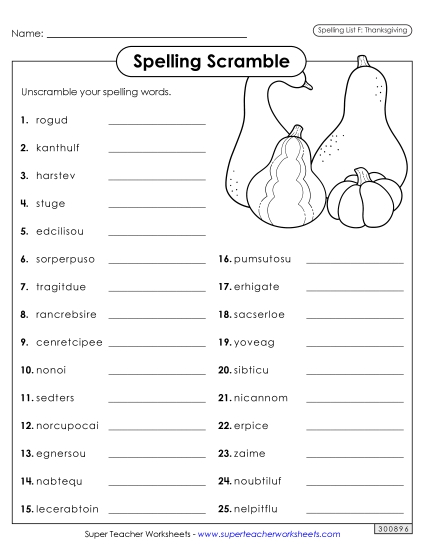 Word Scramble (Thanksgiving) Spelling F Worksheet