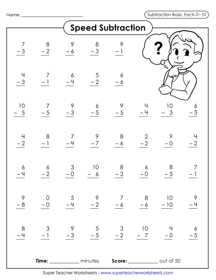 Speed Subtraction 0-10 (Version 1)