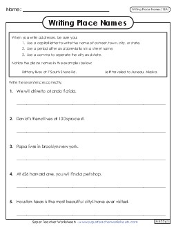 Writing Place Names (Capitalization & Punctuation) 2nd Grade ELA Worksheet