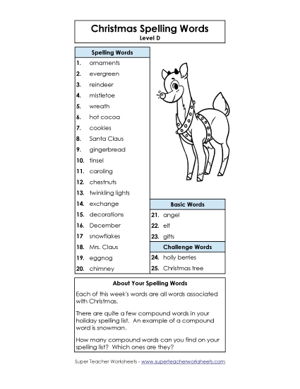 Spelling List (D-Christmas)  Spelling D Worksheet