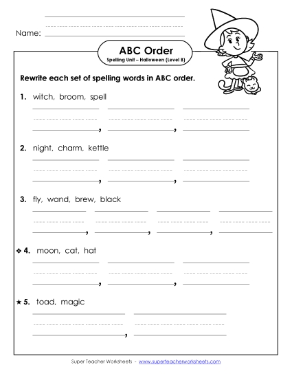 ABC Order - Word Sets (Level B: Halloween) Spelling B Worksheet