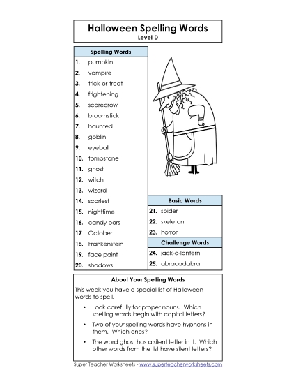 Spelling List (D-Halloween)  Spelling D Worksheet