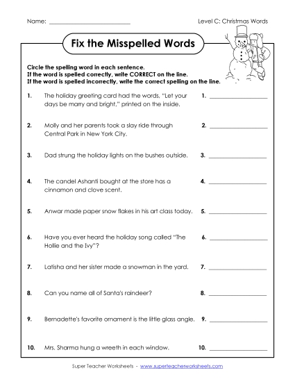 Fix the Misspelled Words (C-Christmas)  Spelling C Worksheet