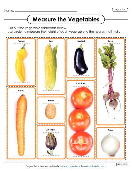 Flash Cards: Measure the Vegetables (Nearest Half Inch)