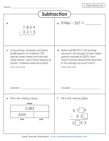 Variety Worksheet: 4-Digit Subtraction