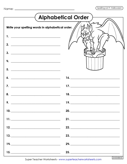 Alphabetical Order: Whole List (Halloween) Spelling F Worksheet