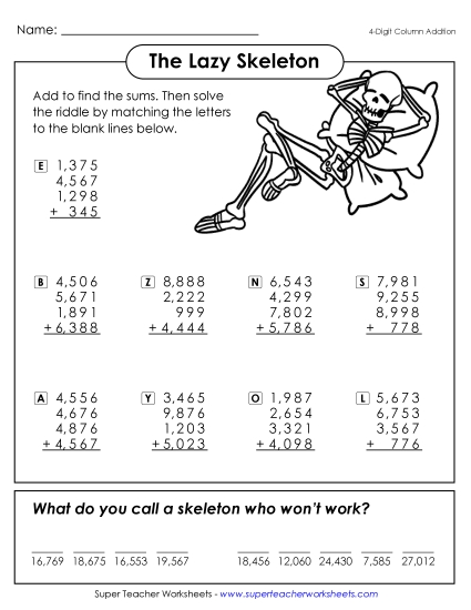 Math Riddle: Lazy Bones (4-Digit Column Addition) Worksheet