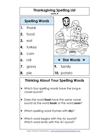 Spelling List (A-Thanksgiving)  Free Spelling A Worksheet