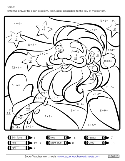 Basic Addition Math Picture: Santa Free Christmas Worksheet