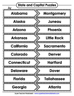 U.S. States & Capitals - Matching 3rd Grade Social Studies Worksheet