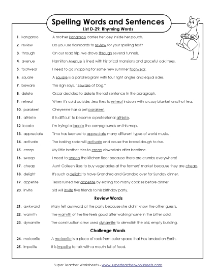 Spelling Test Sentences (D-29)