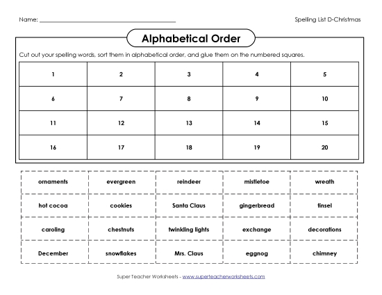 ABC Order: Cut and Glue (D-Christmas)  Free Spelling D Worksheet