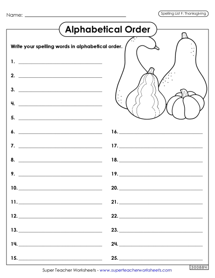 Alphabetical Order: Whole List (Thanksgiving) Spelling F Worksheet