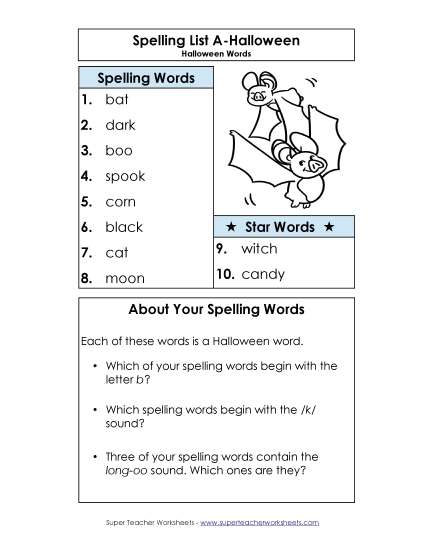Spelling List (A-Halloween)  Spelling A Worksheet