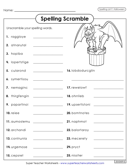 Word Scramble (Halloween) Spelling F Worksheet