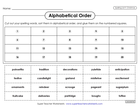 Alphabetical Order: Cut-Glue (Christmas) Free Spelling F Worksheet