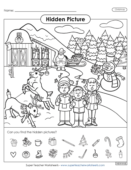 Hidden Pictures: Outdoor Christmas Scene Worksheet
