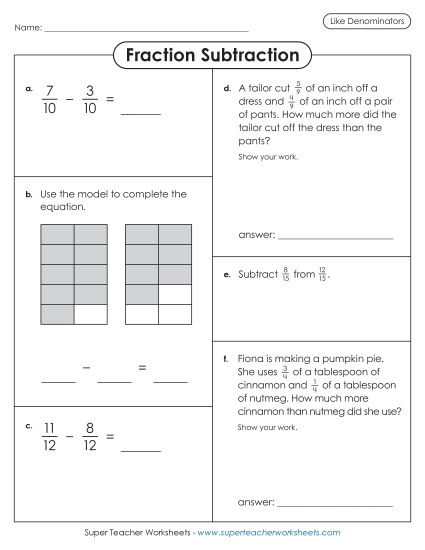 Variety Worksheet: Fraction Subtraction (Like Denominators)