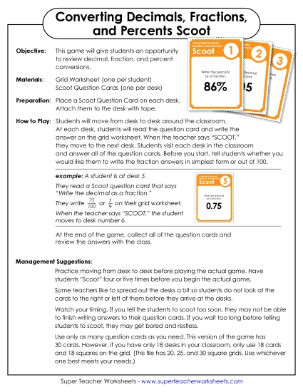 Converting Decimals, Fractions, and Percents Scoot Game Worksheet