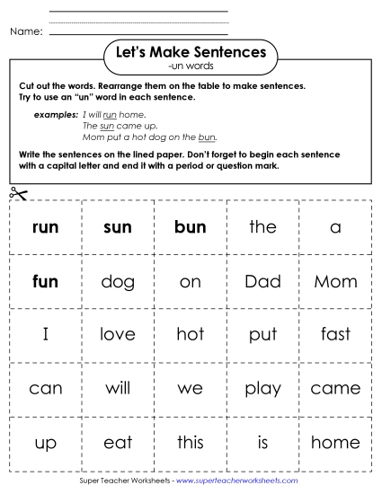 Make Sentences: Word Cards (-un)