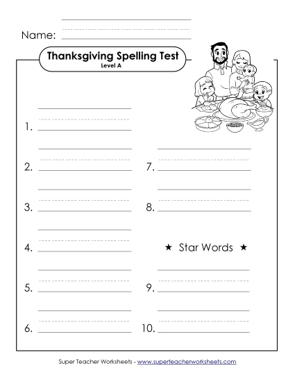 Spelling Test (A-Thanksgiving)  Spelling A Worksheet