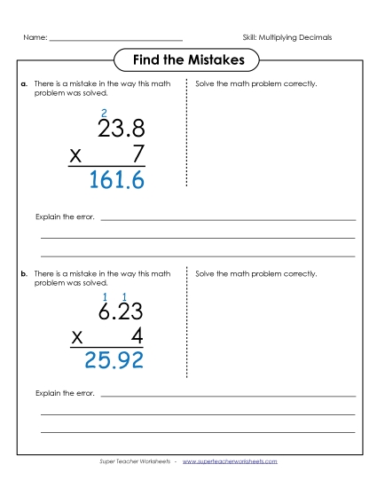 Find the Mistake: Multiplying Decimals by 1-Digit