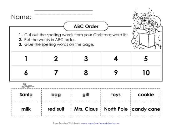 ABC Order: Cut and Glue (B-Christmas)  Spelling B Worksheet