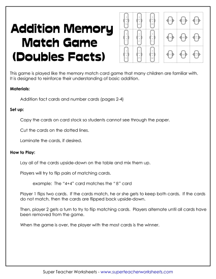 Memory Match Card Game:<br>Addition Doubles Facts