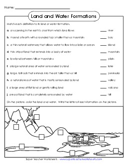 Land & Water Formations 3rd Grade Science Worksheet