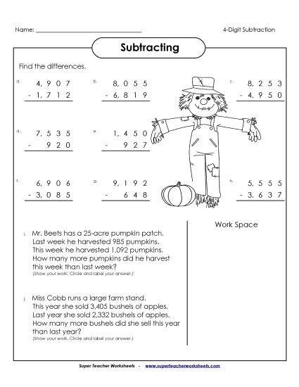 4-Digit Subtraction Fall Worksheet