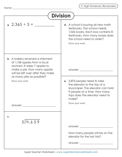 Variety Worksheet: 4-Digit Dividends (w/ Remainders)