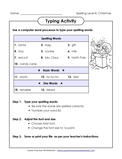 Typing Activity (B-Christmas) Spelling B Worksheet