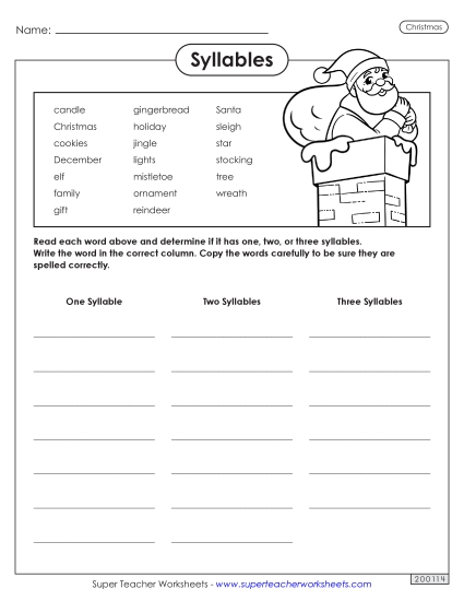 Christmas Syllables Worksheet