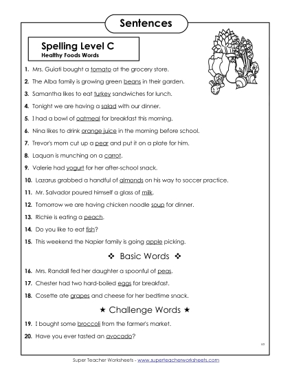 Spelling Test Sentences (Healthy Foods)