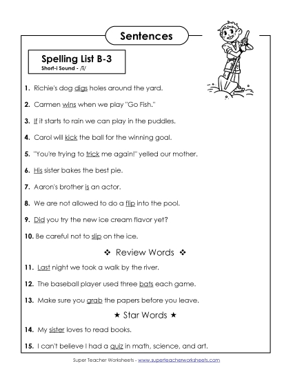 Spelling Test Sentences (B-3)