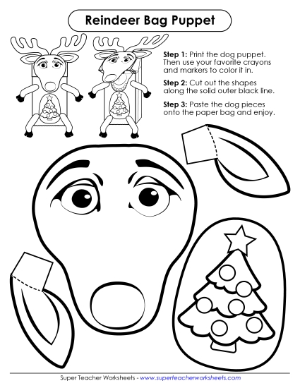 Reindeer Paper Bag Puppet Christmas Worksheet
