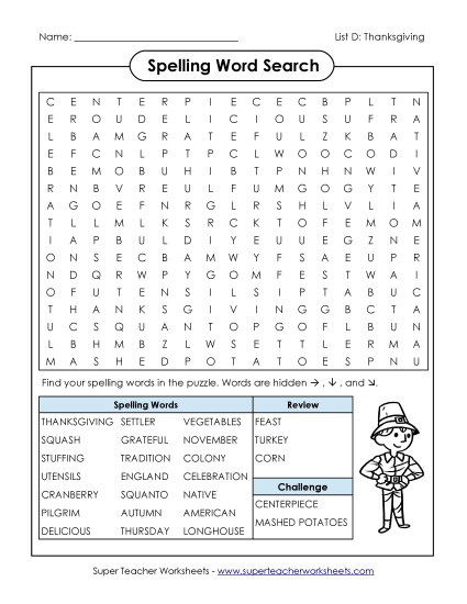 Word Search Puzzle (D-Thanksgiving) Spelling D Worksheet