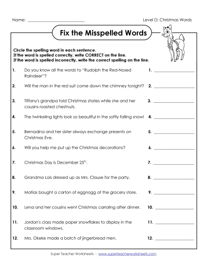 Fix the Misspelled Words (D-Christmas)  Spelling D Worksheet