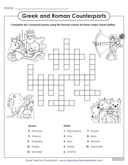 Crossword Puzzle: Greek Deities and Their Roman Counterparts