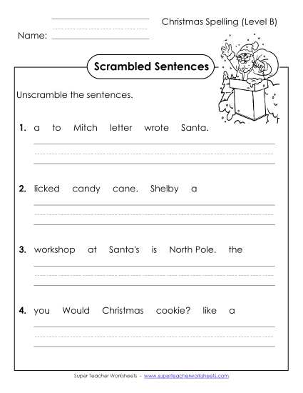 Scrambled Sentences (B-Christmas)  Spelling B Worksheet