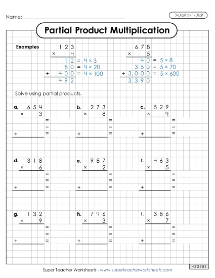Partial Products Graph Paper (3-Digit by 1-Digit)